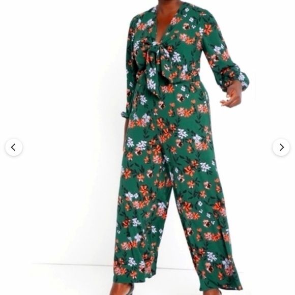 Eloquii Pants - Eloquii Green Floral Tie-Front Jumpsuit